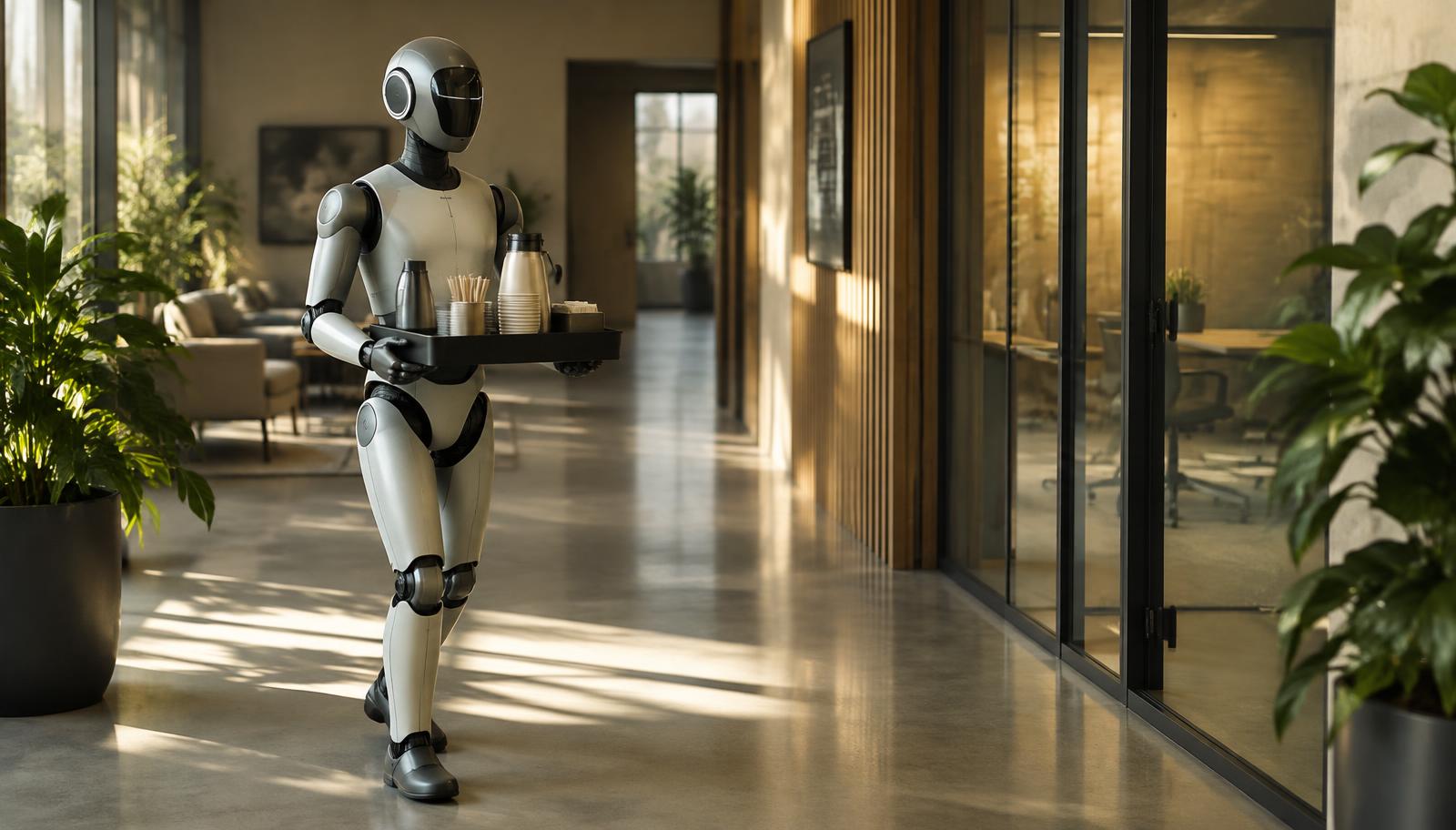 A humanoid assistant carrying a tray of coffee supplies along a quiet, sunlit office corridor