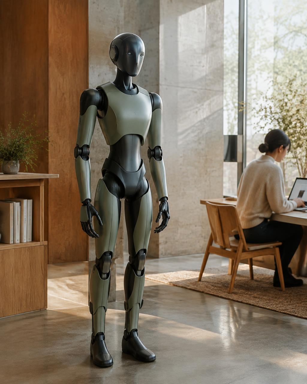 An original humanoid assistant robot with sage and graphite panels standing calmly in a sunlit contemporary workspace while a person works at a desk nearby