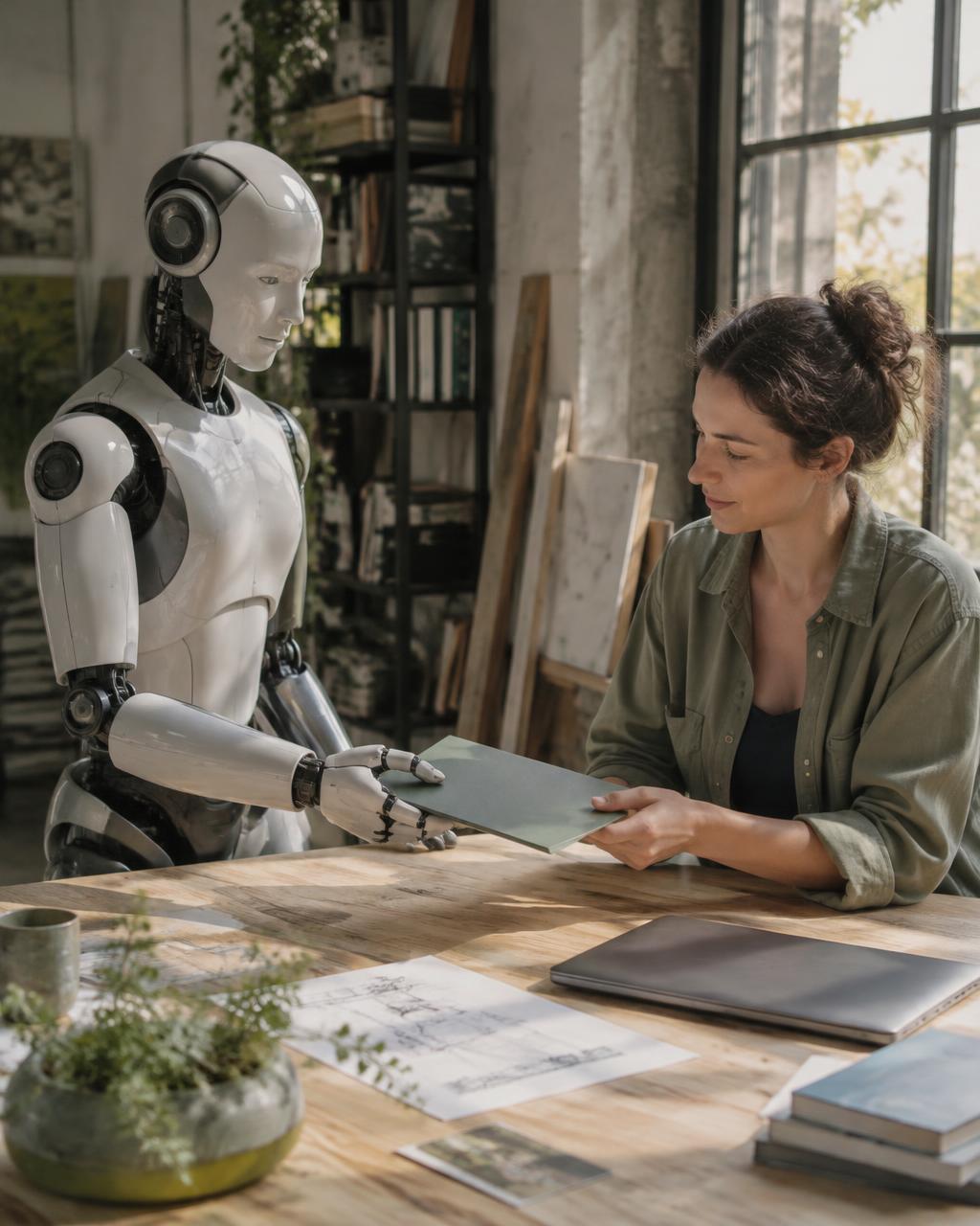 A woman at a wooden table receiving a folder from a humanoid assistant in a warm, daylit studio